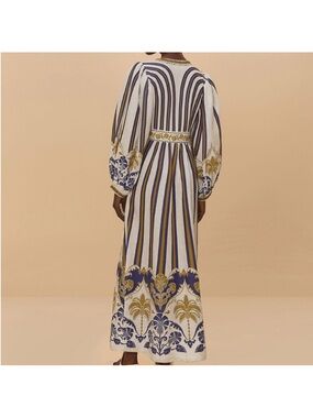 Maxi Stripe & Fleur Embroidered Long Sleeve Dress - White/Blue/Gold